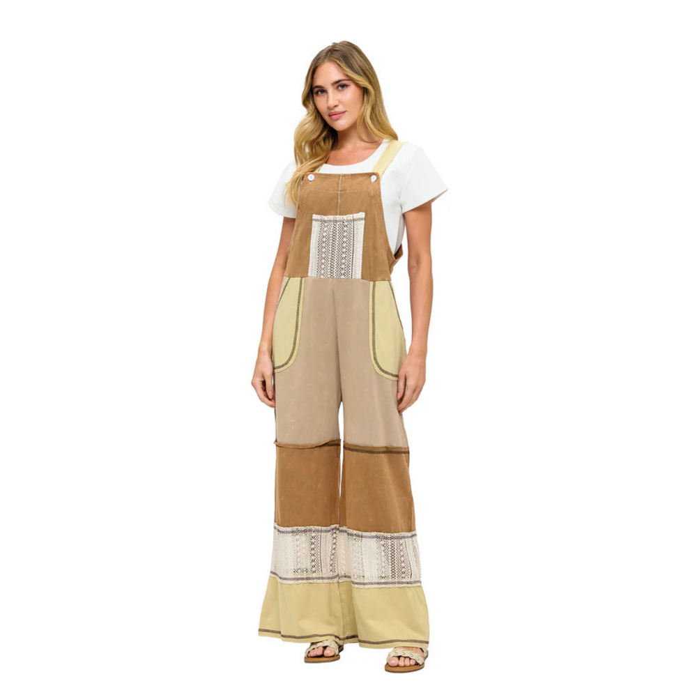 26373 N Yak & Yeti Earthy Color Patchwork Overall Lace Crochet Details Var Sizes